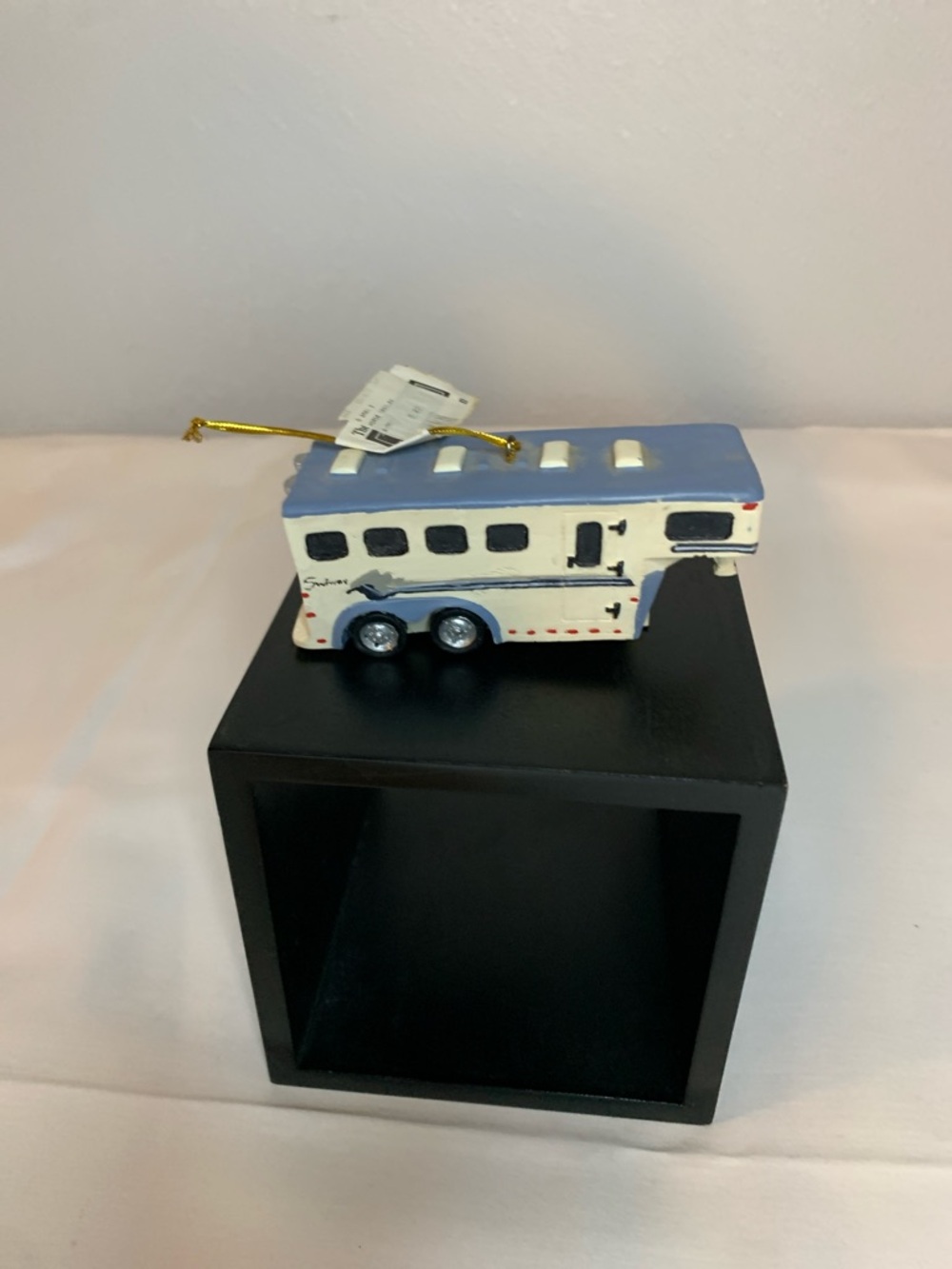 Ceramic Horse Trailer Ornament in White and Light Blue